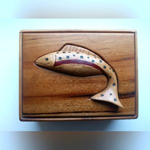 Vintage Hand Crafted Wooden Trinket/cigar, Inlaid Wooden Trout Box